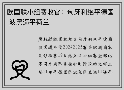 欧国联小组赛收官：匈牙利绝平德国 波黑逼平荷兰