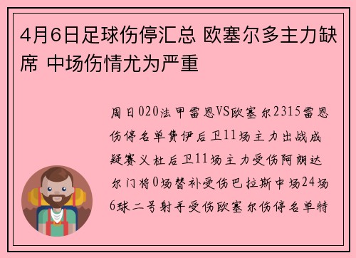 4月6日足球伤停汇总 欧塞尔多主力缺席 中场伤情尤为严重